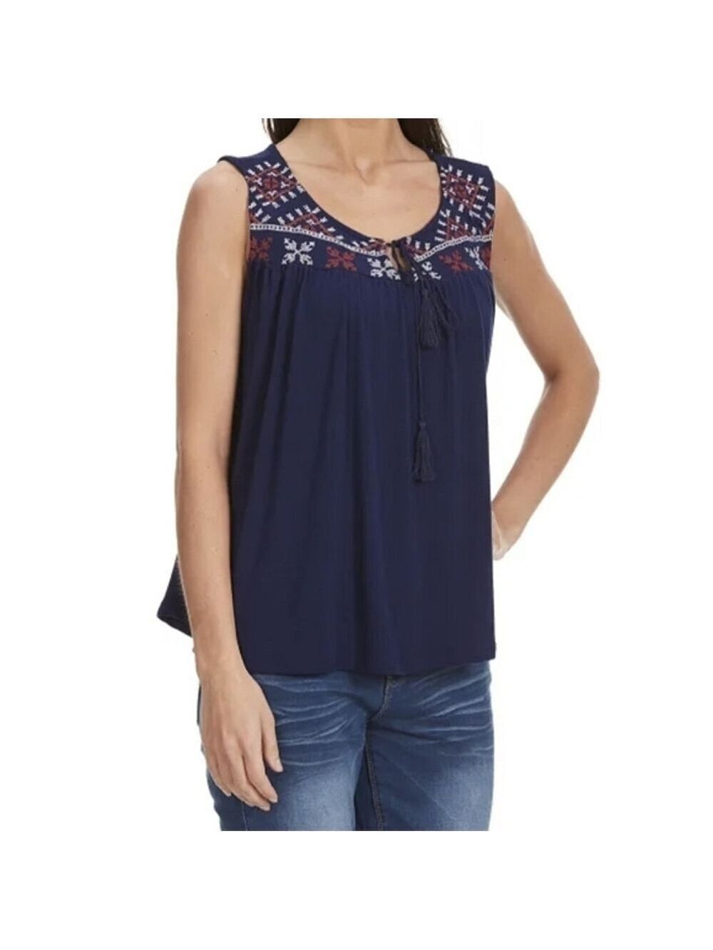 M - Thyme & Honey | Embroidered Sleeveless Navy Blouse